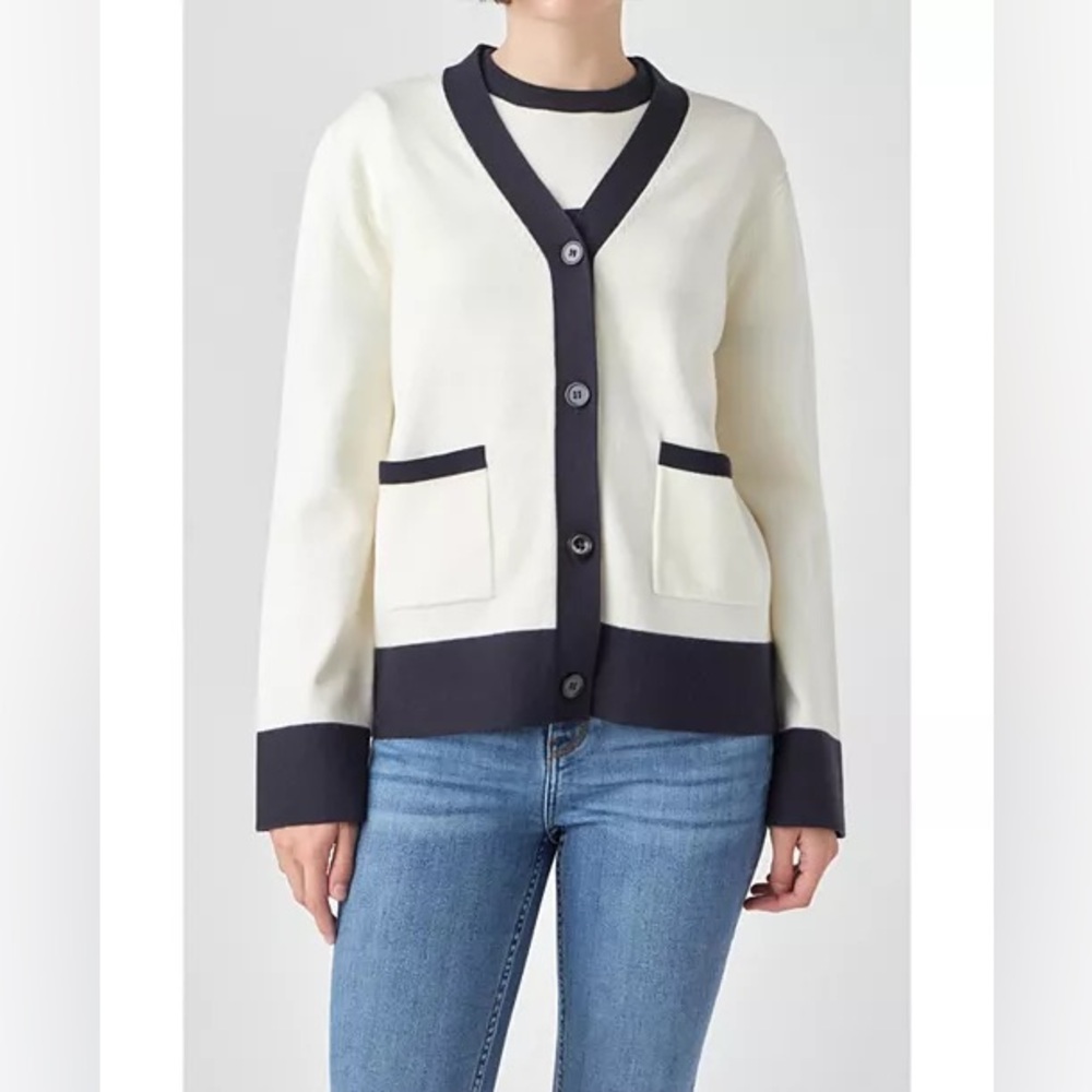 English Factory V Neck Cardigan Sweater Cream Black Button Up Size Small 132